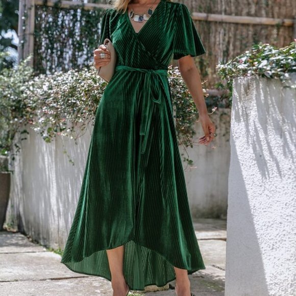 Dresses & Skirts - Wrap Knot Side High Low Hem Velvet Dress